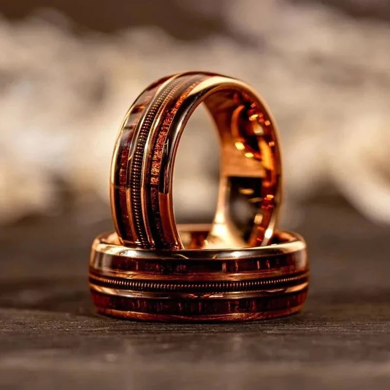 Fashion 8mm Rose Gold Color Stainless Steel Guitar string Rings for Men Inlay Hawaiian koa wood Rings Wedding Band Jewelry Gifts