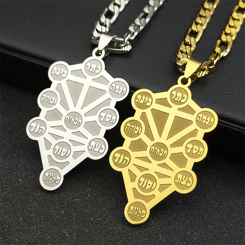Kabbalah Sephirot Tree of Life Hebrew Pendant Necklace for Women Men Cabala Stainless Steel Chain Necklaces Jewelry Gifts