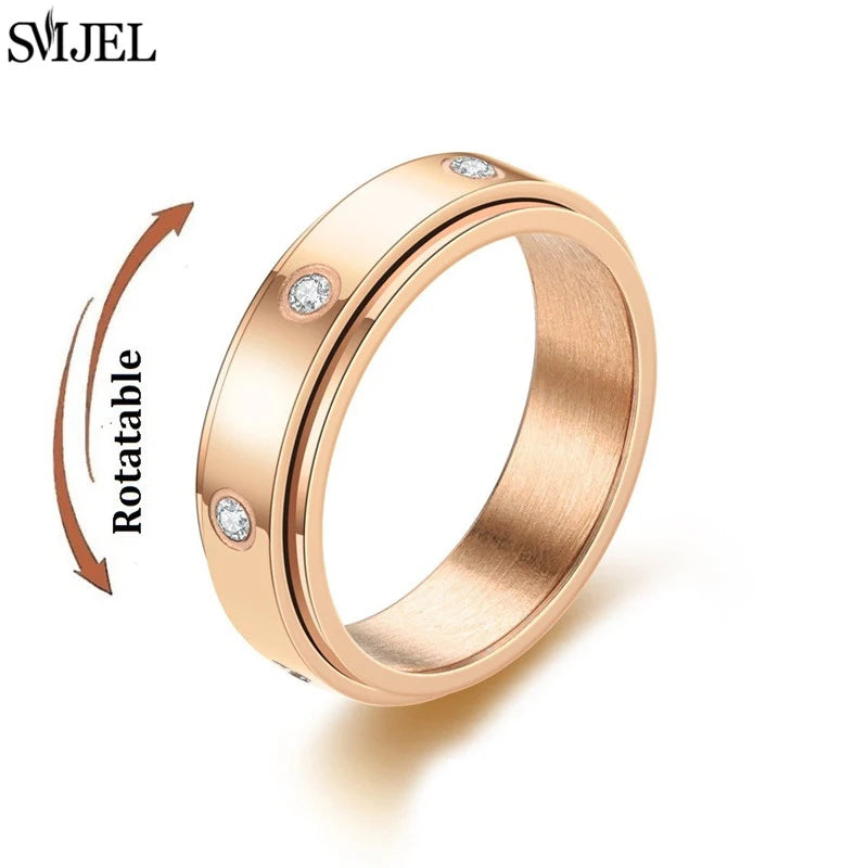 Rose Gold Stainless Steel Anxiety Ring Women Men Fidgets Spinner Rings Engagement Bands Silver Color Fashion Jewelry 8/6mm