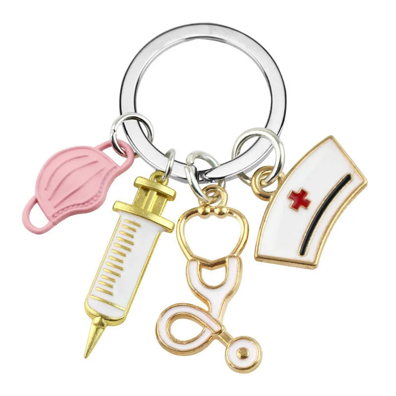 Medical Tool Doctor Keychain Heartbeat Stethoscope Syringe Nurse Cap Key Ring Nurse Gifts Handmade Jewelry Bag Ornaments Charm 4-PK