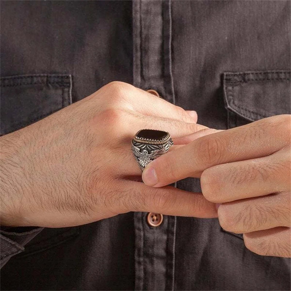 Retro Handmade Turkish Signet Ring Vintage Men's Ancient Metal Eagle Rings Inlaid Black Zircon Party Punk Motor Biker Jewelry