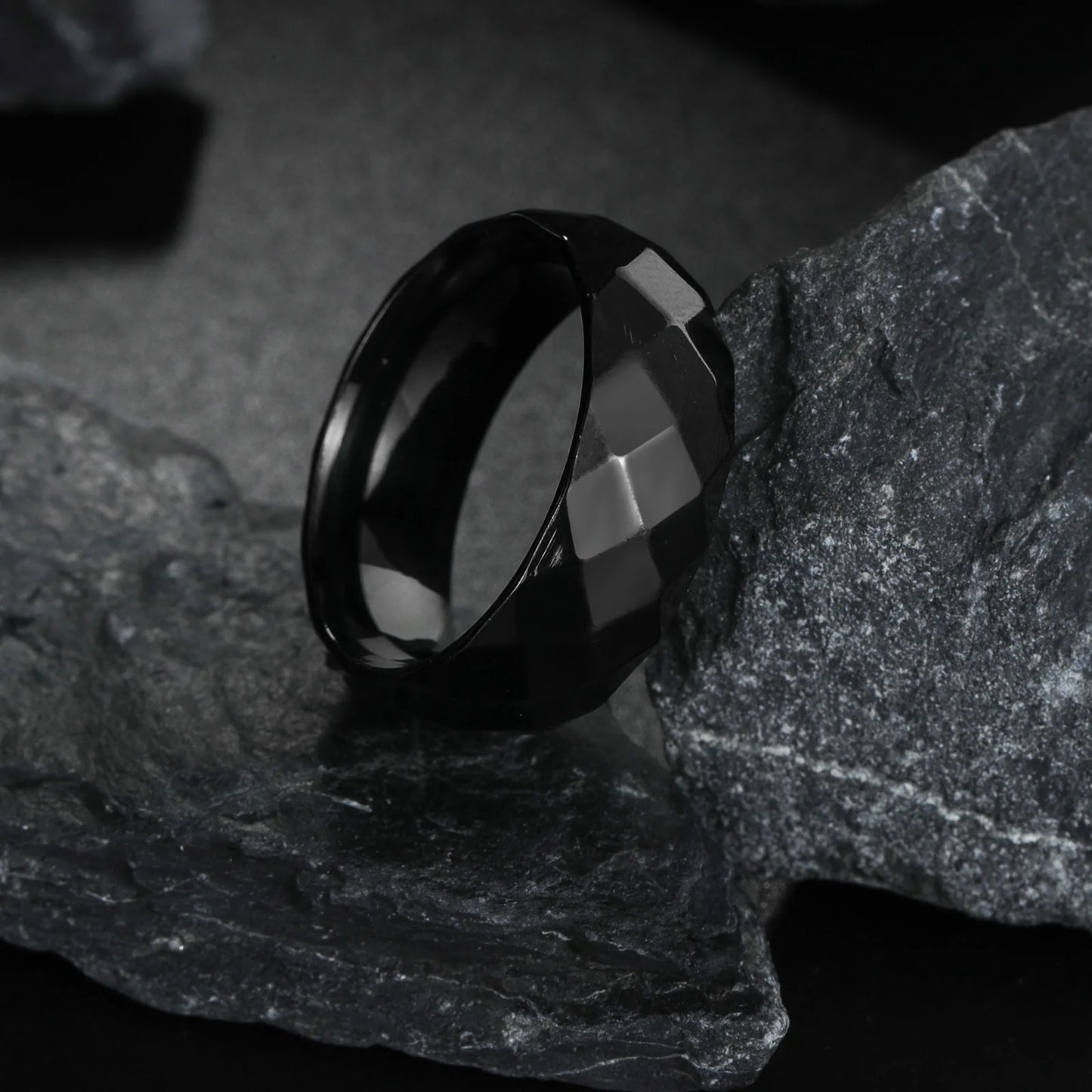 8mm width polished faceted silvery color men's Stainless steel ring USA size 6-13