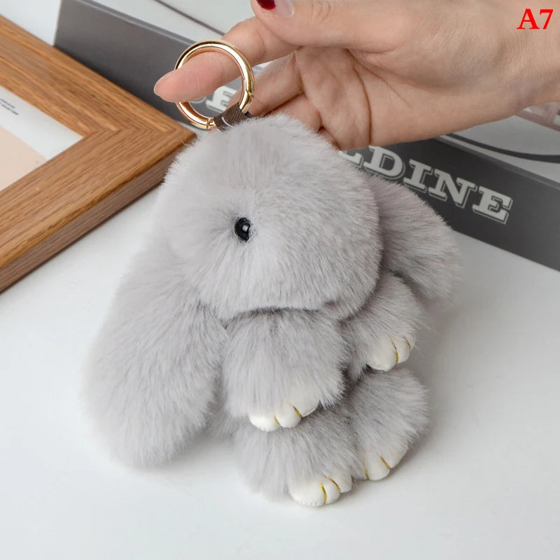 Rabbit Keychain Ring Fluffy Real Fur Pompon Bunny Trinket Key Chain Charm Cute Key Ring On Bag Car Key Pendant Light gray