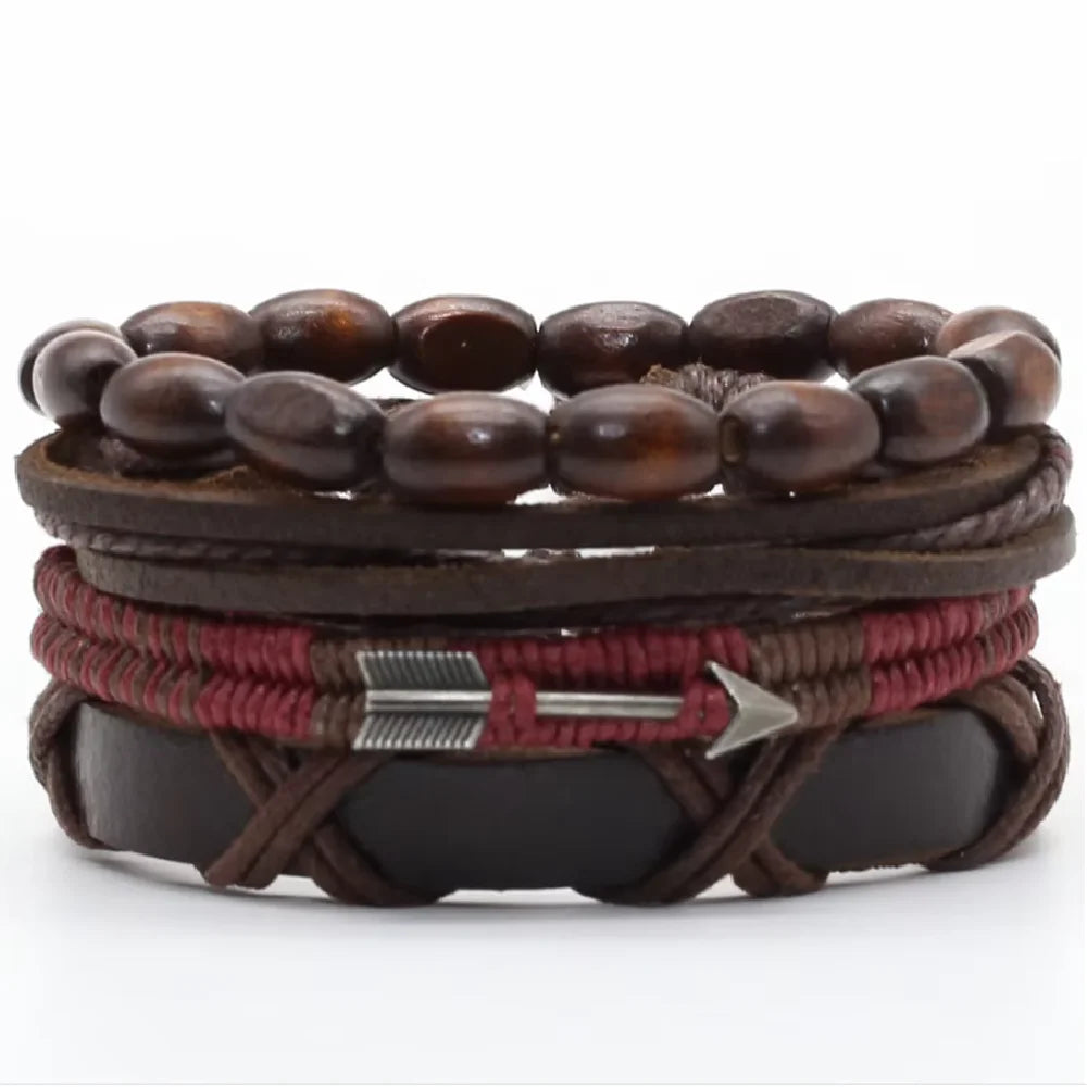 Red Beads Vintage Feather Casual 4 Pc/set Handmade Men Bracelets Male Women Leather Bracelets Men Bangle Wholesale Jewelry Gift