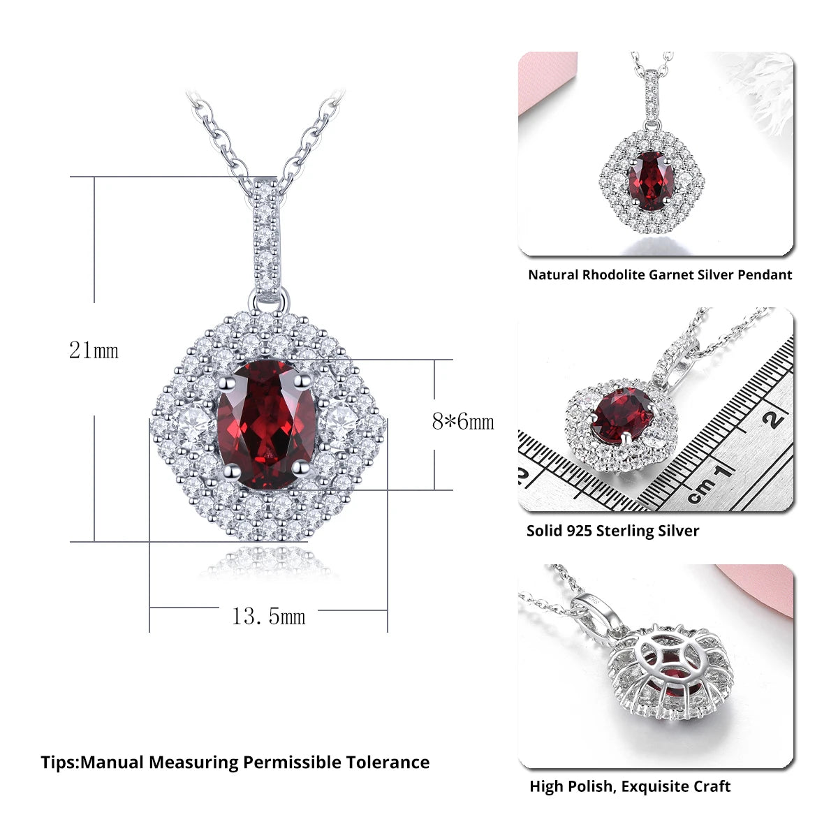 Natural Rhodolite Garnet Sterling Silver Pendant 1.4 Carats Genuine Rose Garnet Romantic Pendant Women's Favorite Birthday Gifts