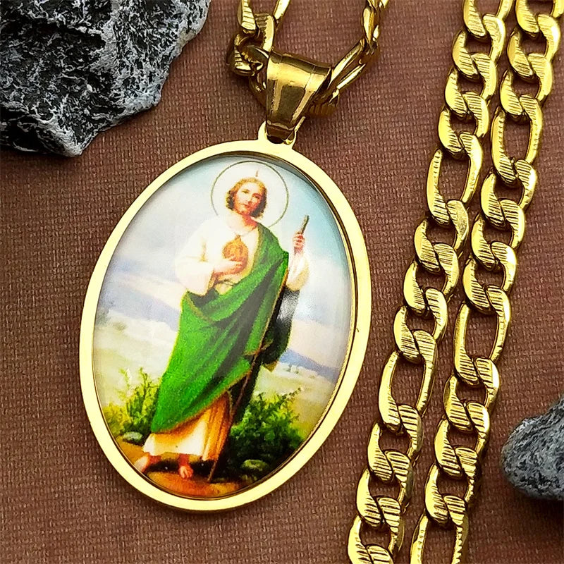 San Judas Tadeo Medal Pendant Necklace for Women Men Stainless Steel Gold Color Saints Apostle of Jesus Amulet Faith Jewelry