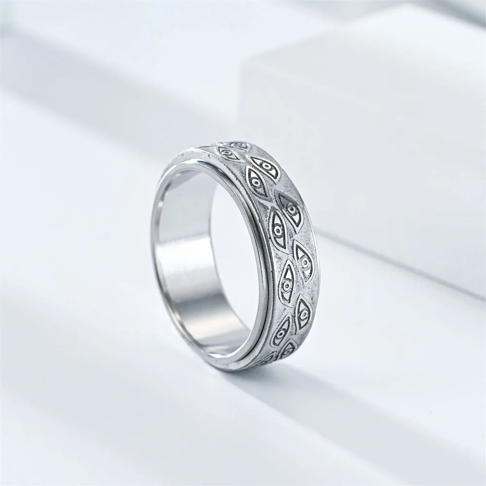 Stainless Steel Spinner Rings For Men Carved Demon Eye Rotatable Fidget Joint Ring Jewelry Bague Homme