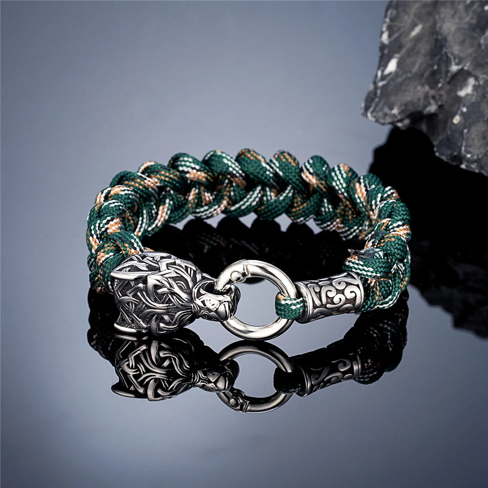 Vintage Norse Runes Celtic Wolf Survival Rope Bracelets Men Handmade Outdoor Stainless Steel Lanyard Wristband Vikings Jewelry Steel Camouflage
