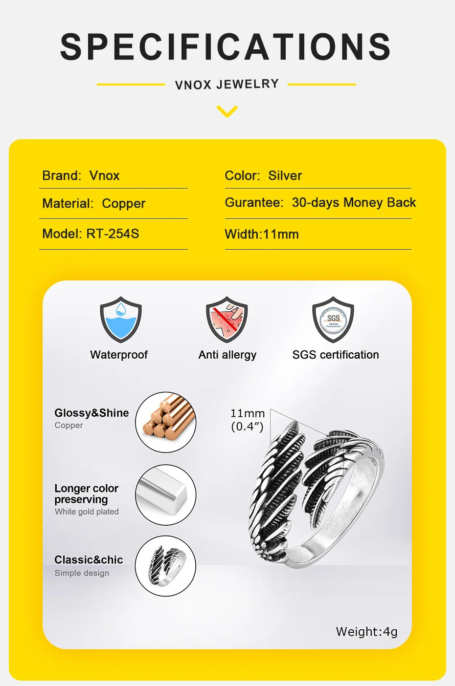 Vnox Men Women Angel's Wing Ring,Devil Wing Feather Finger Band, Adjustable Open Ring Jewelry Gift
