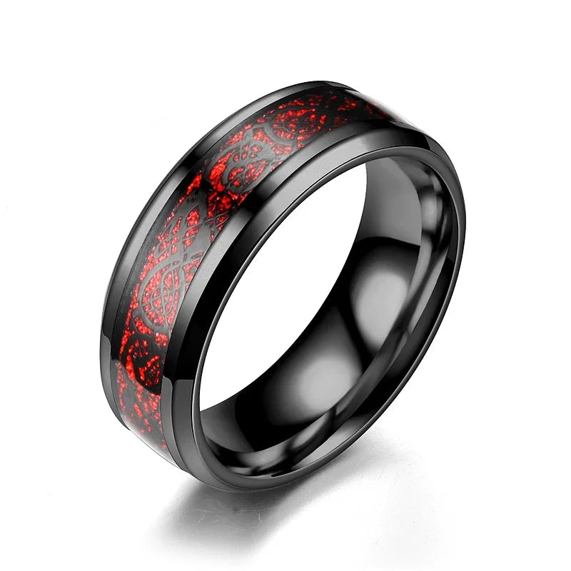 Fashion 8mm Black Stainless Steel Dragon Rings For Men Women Inlaid Blue Carbon Fiber Men Rings Punk Wedding Band Jewelry Gifts