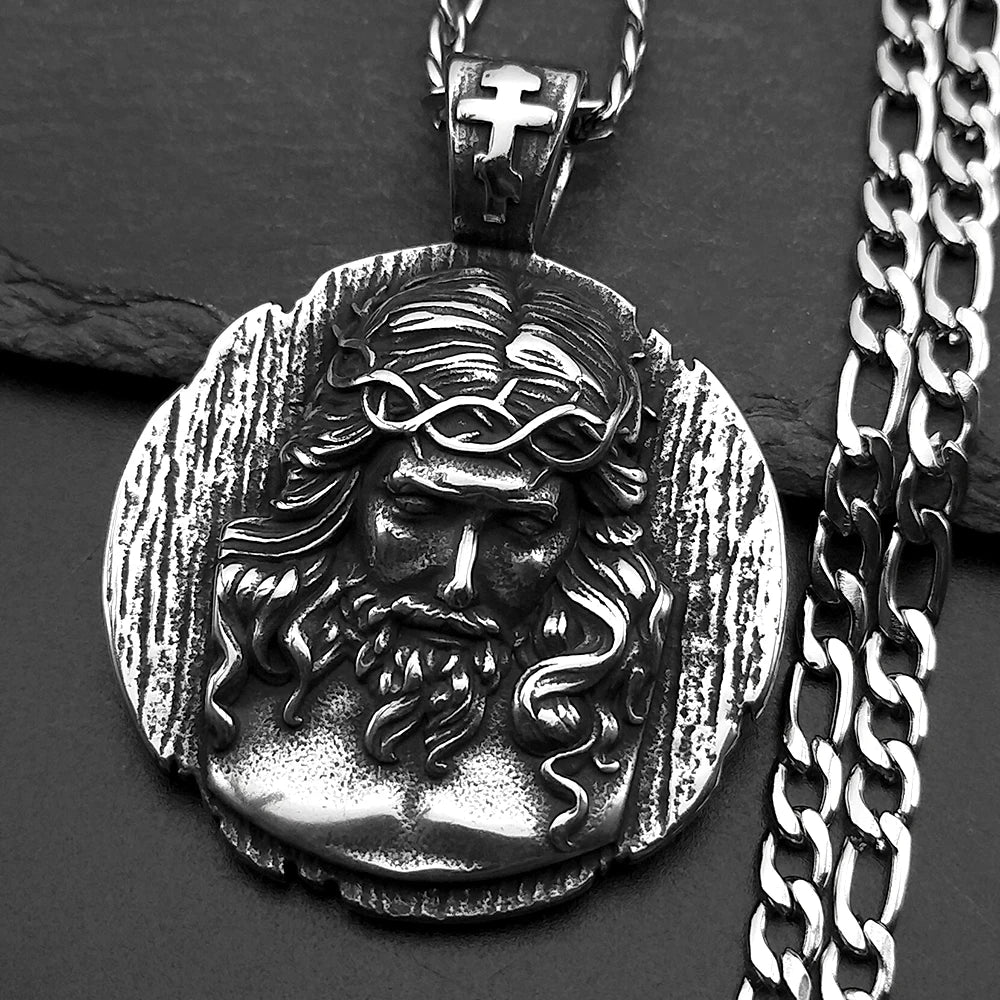 Retor Punk Jesus Head Pendant Necklace For Women Men Stainless Steel Black Vintage Catholic Male Lucky Amulet Chain Jewelry Gift
