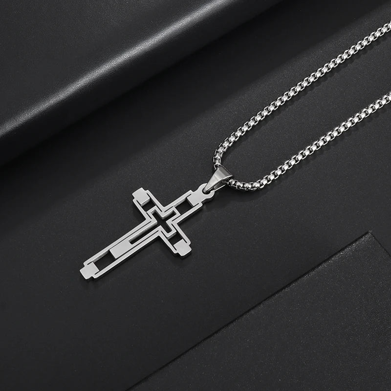 Fashion Creative Cutout Double Cross Stainless Steel Pendant Necklace for Men Classic Women Church Prayer Jewelry