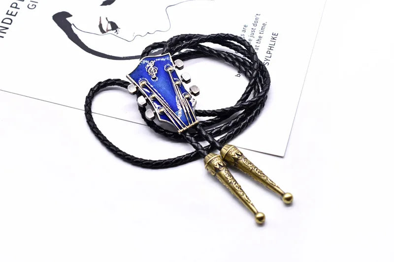 Popular guitar instrument genuine leather polo tie pendant necklace,adjustable,oil dripping technique,gift for music enthusiasts