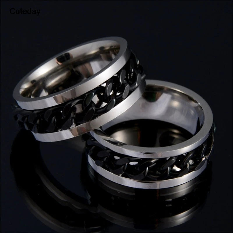 Stainless Steel Chain Rotating Anxiety Black Rings For Men Fidget Metal Spinner Knuckle Ring Anillos De Hombre