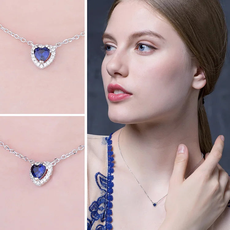 JewelryPalace Heart Created Blue Sapphire 925 Sterling Silver Pendant Necklace for Woman Gemstone Fine Jewelry Fashion Gift 45cm