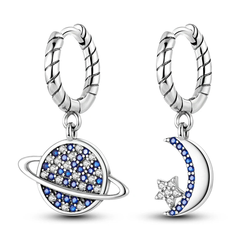Genuine 925 Sterling Silver Starry Moon Feather Hoop Earrings Fit Original Charms Fashion Women Earrings Jewelry Gift 2024 New KTE131