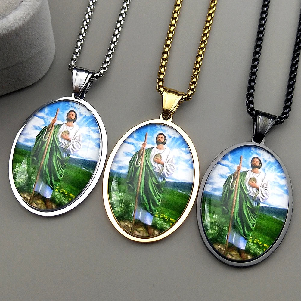 Christian San Judas Tadeo Glass Medal Pendant Necklace for Women Men Stainless Steel Gold Color Saint Jude Amulet Jewelry Gift