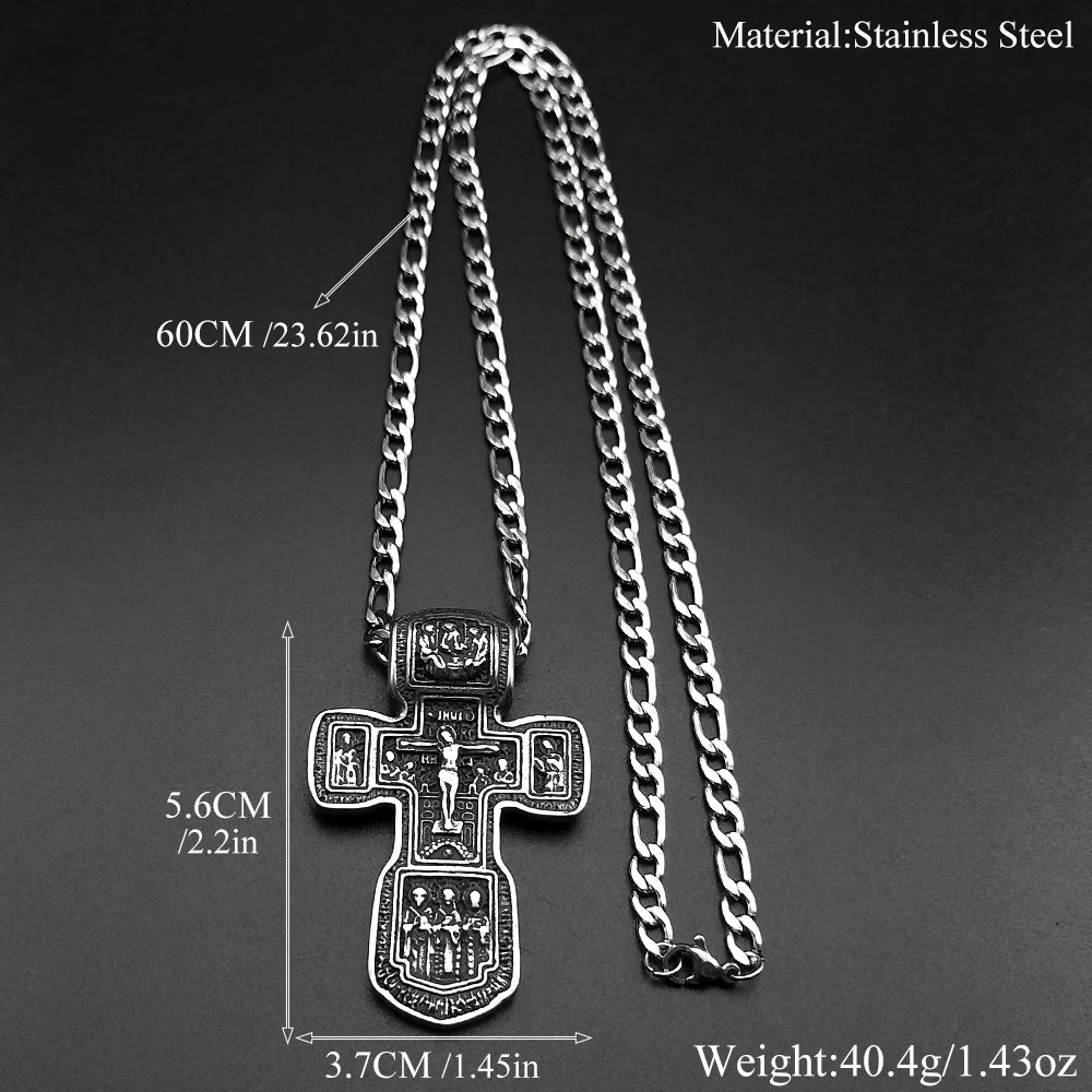 Jesus Crucifix Cross Orthodox Necklace for Women Men Stainless Steel Christian Believer Chain Necklace Vintage Charm Jewelry