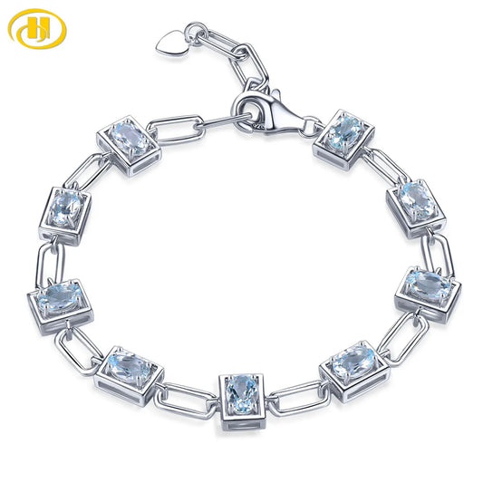 Genuine Aquamarine Solid Silver Bracelet S925 Natural Light Blue Gemstone 3.6 Carats Unique Special Style Women Birthday Gift 18cm