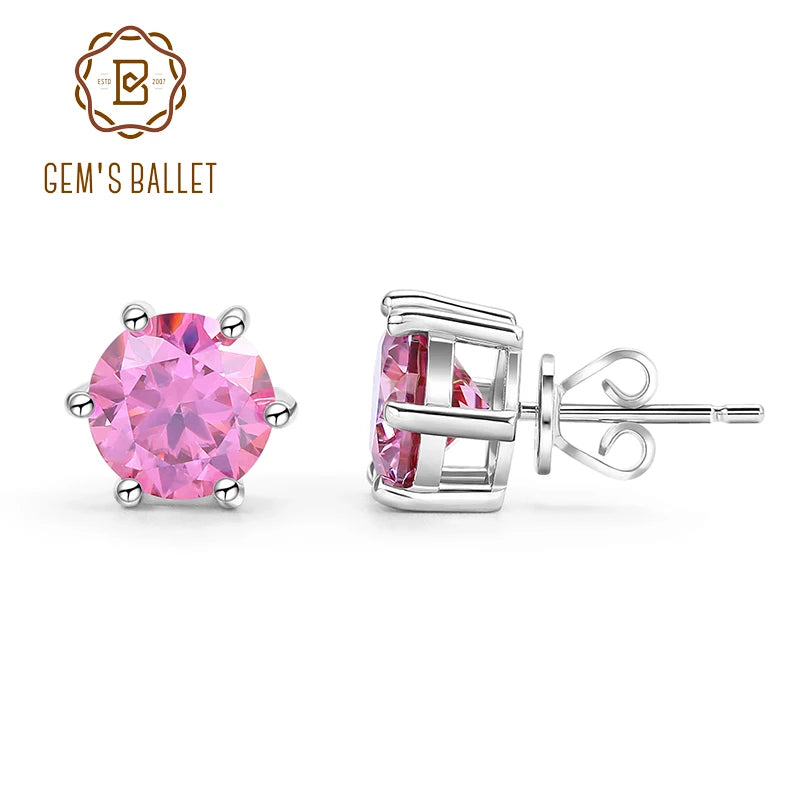 GEM'S BALLET Round Cut Pink Grey Yellow Moissanite Stud Wedding Earrings in 925 Sterling Silver Moissanite Six Prongs Earrings