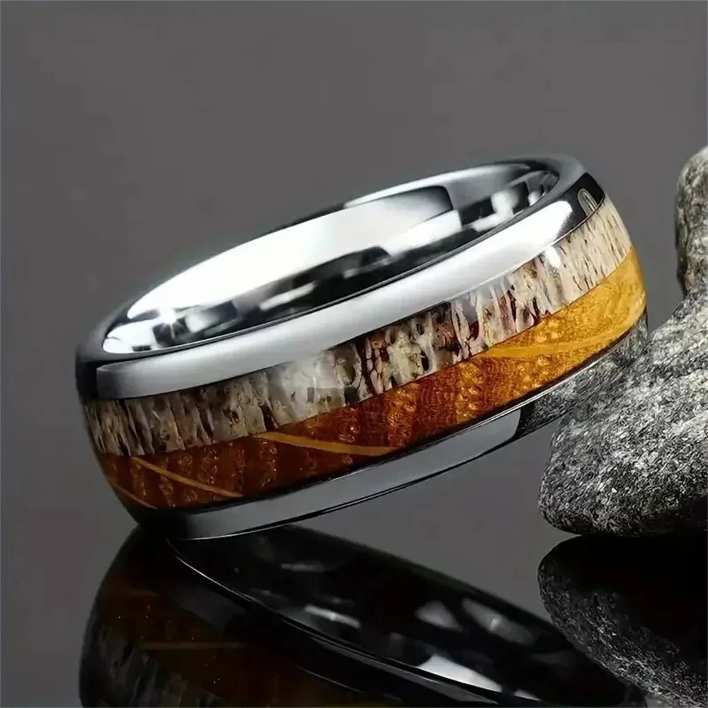 Fashion 8mm Men Stainless Steel Rings Silver Color Brushed Deer Antler And Koa Wood Rings for Men Wedding Band Jewelry Wholesale
