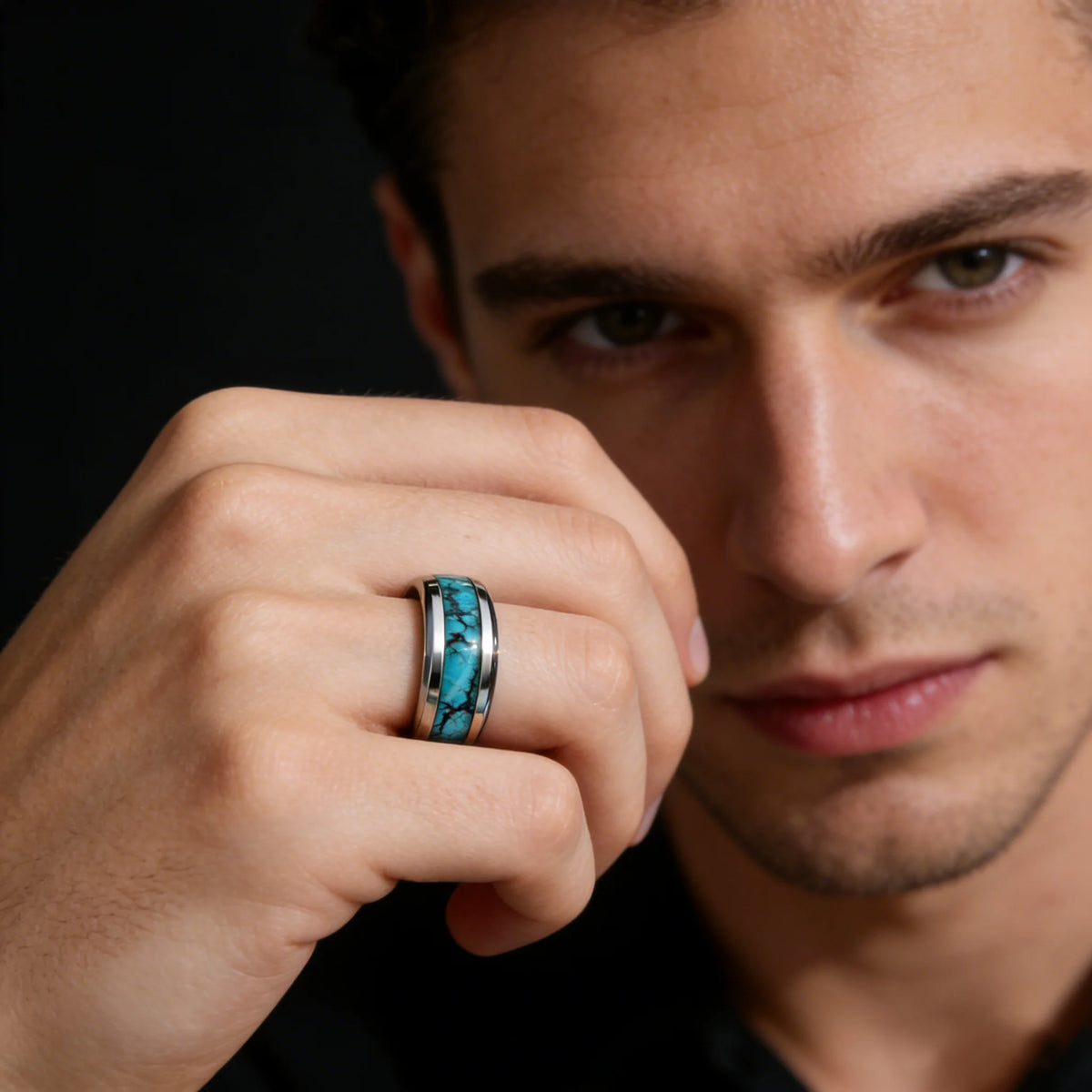 8mm Blue Turquoise Inlay Stainless Steel Ring for Men Vintage Wedding Band Engagement Jewelry Wedding Jewelry Drop Shipping