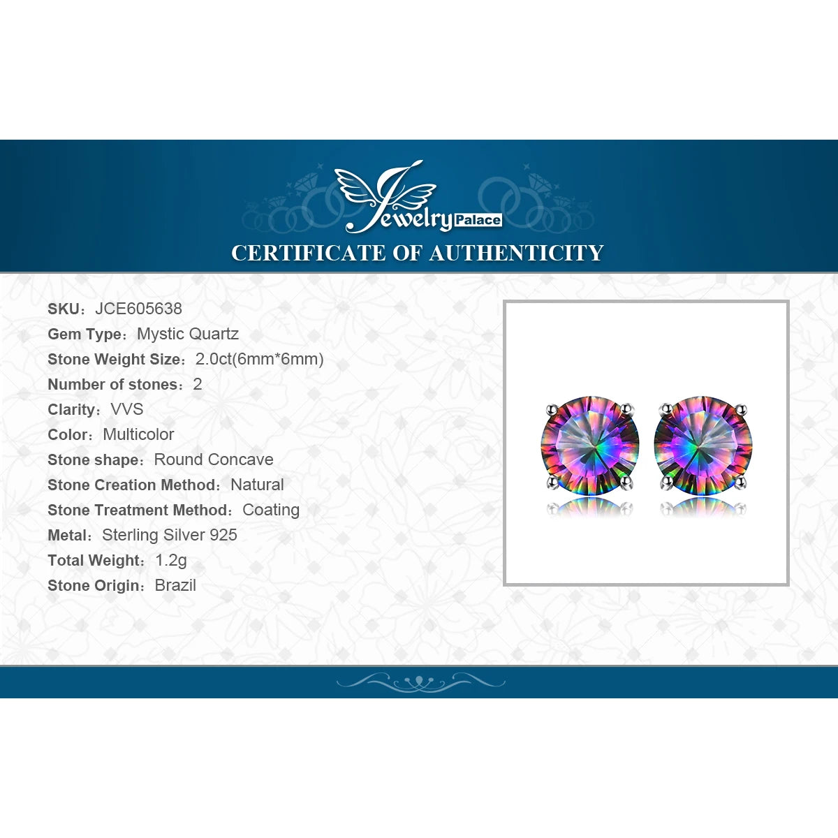 JewelryPalace Round Genuine Rainbow Mystic Quartz 925 Sterling Silver Stud Earrings  Women Fashion Statement Gemstone  Jewelry