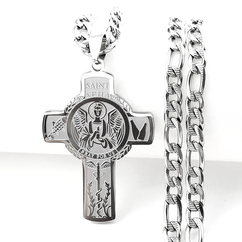 Christian Saint Raphael Pray for Us Cross Pendant Necklace for Women Men Stainless Steel Gold Color Hip Hop Cuban Chain Jewelry