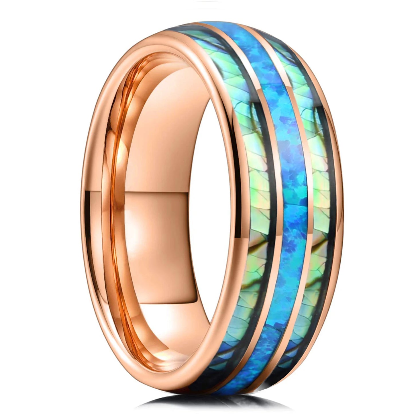 Fashion 8mm Rose Gold Color Stainless Steel Guitar String Rings for Men Koa Wood Inlay Ring Whiskey Barrel Mens Wedding Band