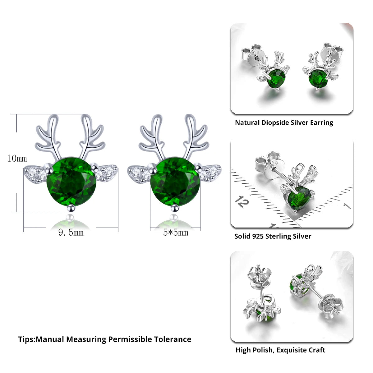 Natural Chrome Diopside Sterling Silver Stud Earring Lovely Christmas Style Fine Jewelrys 1.2 Carats Genuine Gemstone S925