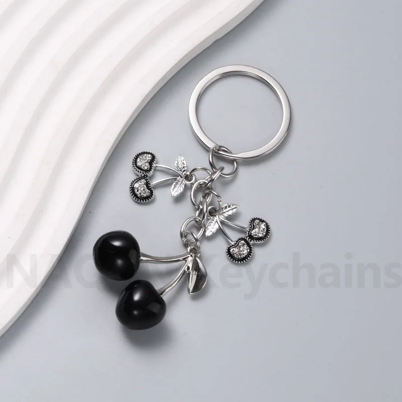 Pretty Cherry Keychain Romantic Love Heart Fruit Key Ring For Women Girl Friendship Gift Bag Decoration Handmade Jewelry Set