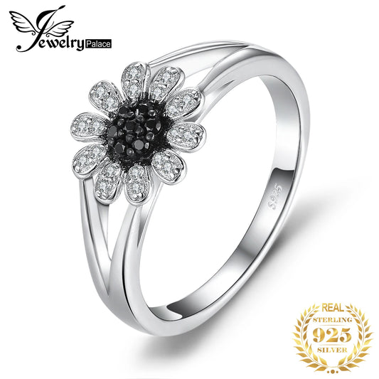JewelryPalace Flower Natural Black Spinel 925 Sterling Silver Ring for Women Fashion Gemstone Jewelry Anniversary Birthday Gift 7