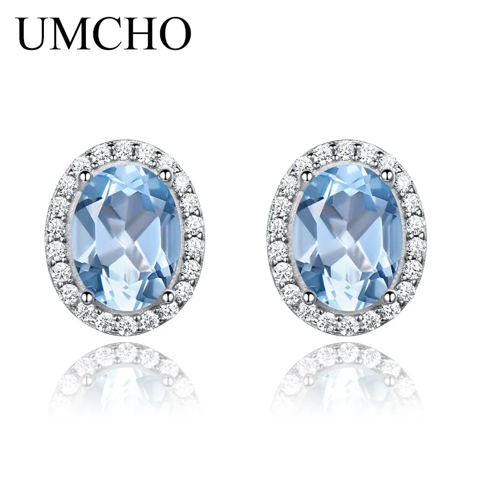 UMCHO 925 Sterling Silver Earrings Fine Jewelry Created Blue Nano Sapphire Unique Clip On Earrings For Women Elegant Statement EUJ073B-1