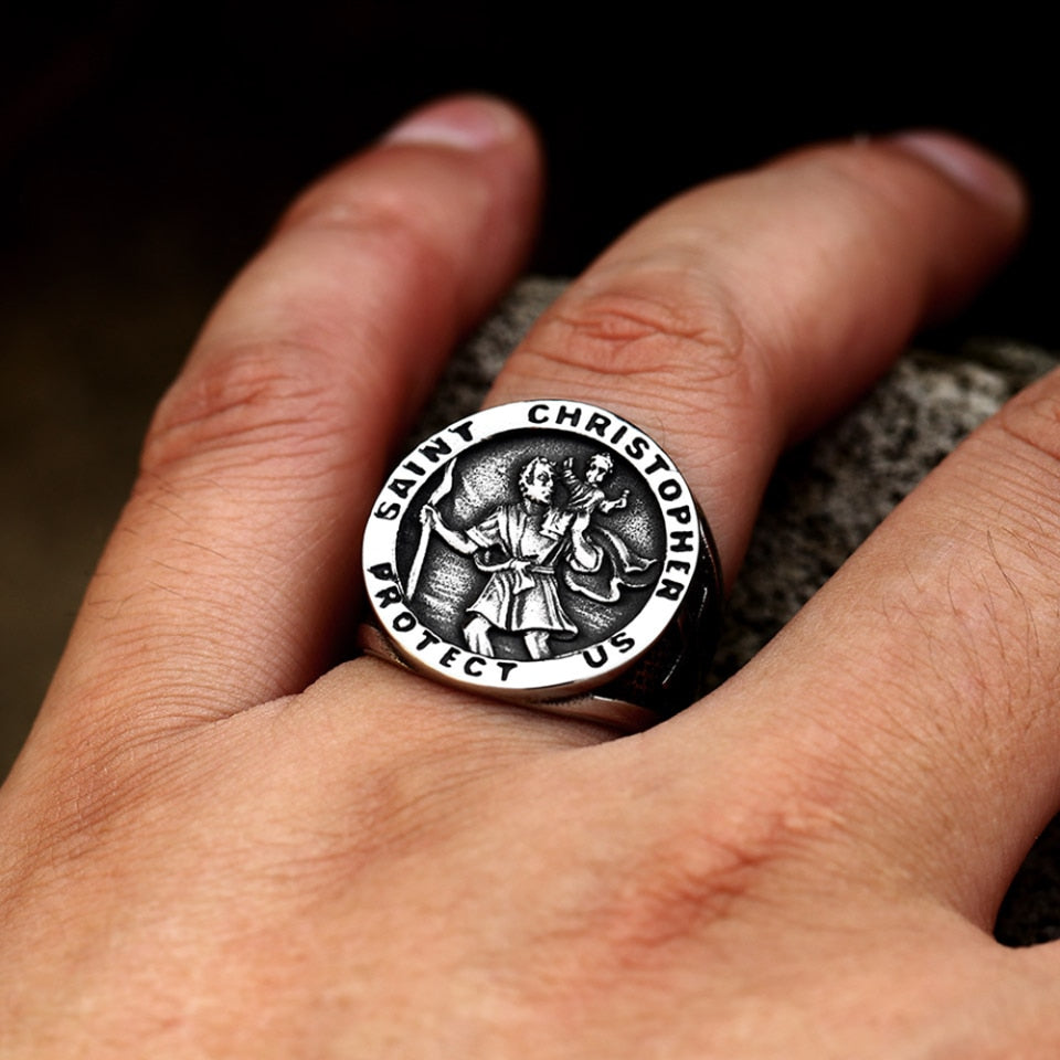 New Vintage St Christopher Cross Fingers Ring For Men 316L Stainless Steel Punk Biker Fashion Renaissance Jewelry Gift