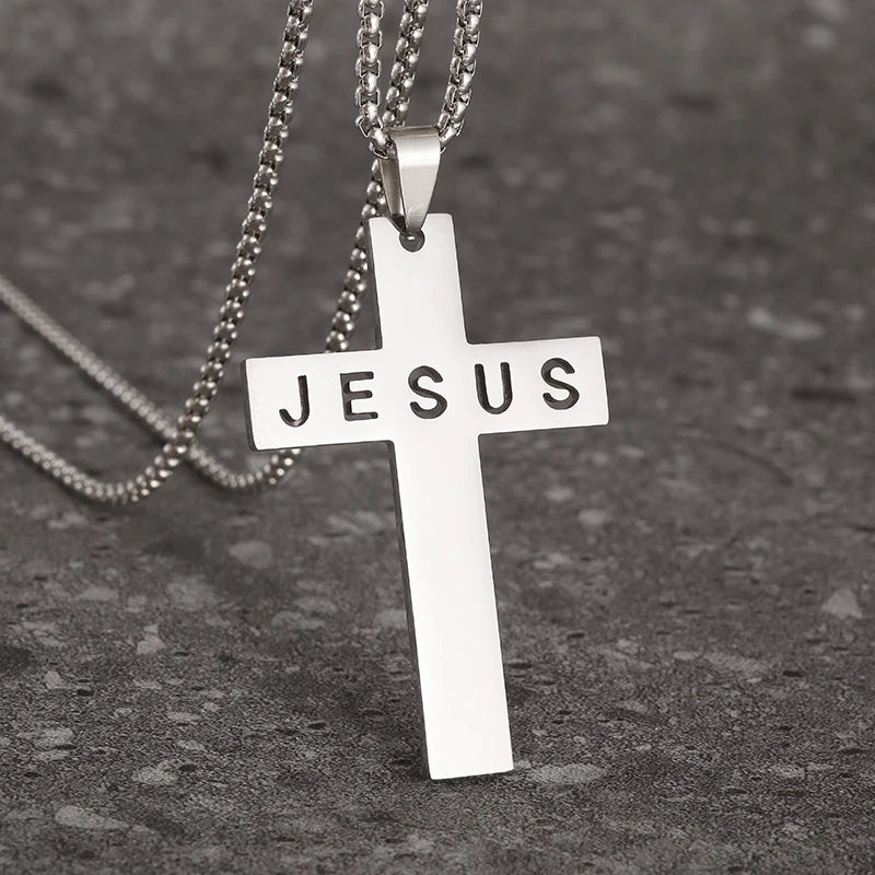 Stainless Steel Cross Letter Pendant Christian Savior Jesus Necklace Men and Women Religious Prayer Amulet Jewelry