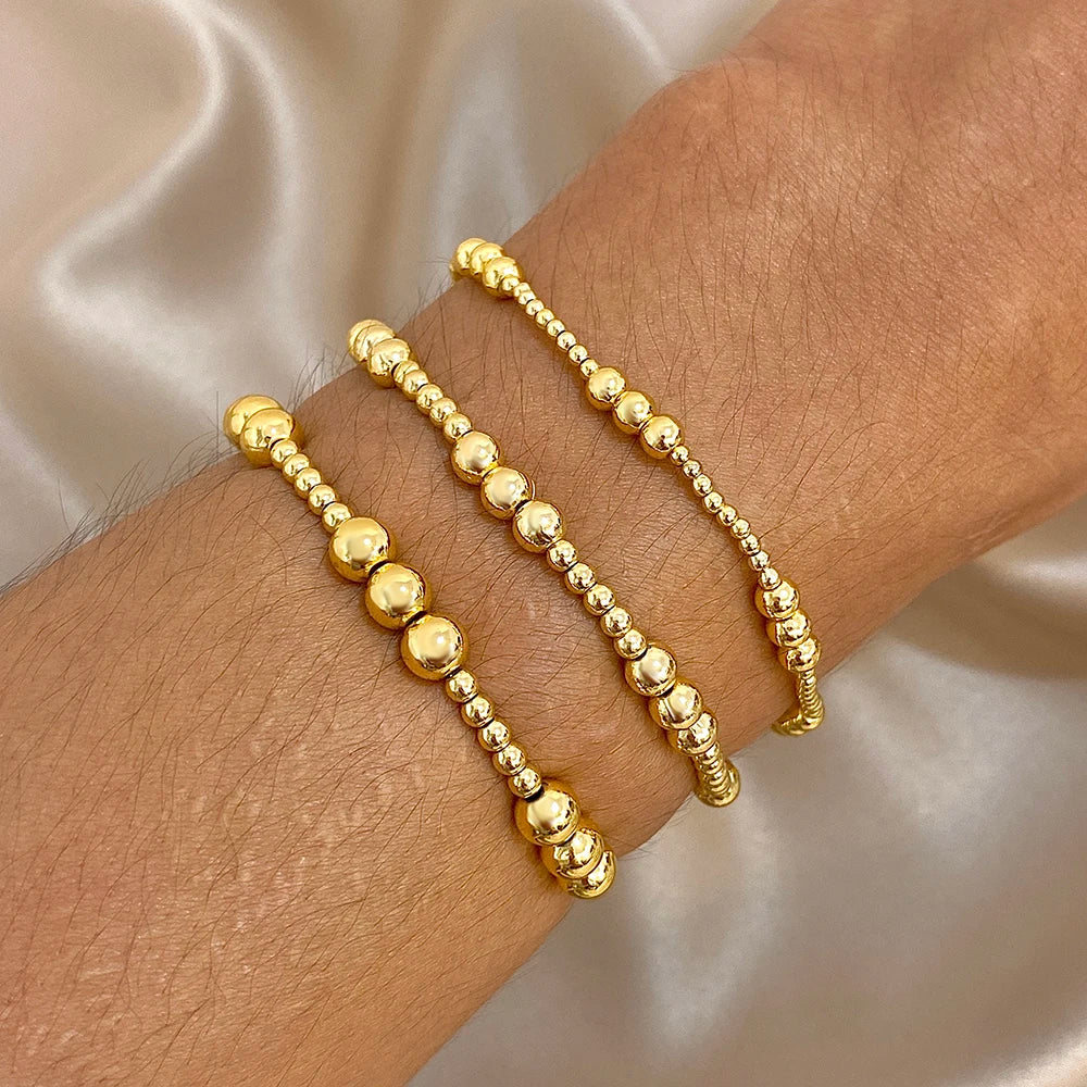 Greatera 3/4mm Stainless Steel Beads Elastic Bracelets for Women Gold Plated Tricolor Beaded Chain Bracelet Waterproof Jewelry