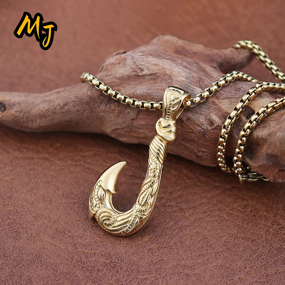 Classic Men's Fish Hook Pendant Stainless Steel Vintage Maui Magic Hook Necklace Fashion Punk Pirate Anchor Jewelry Accessories