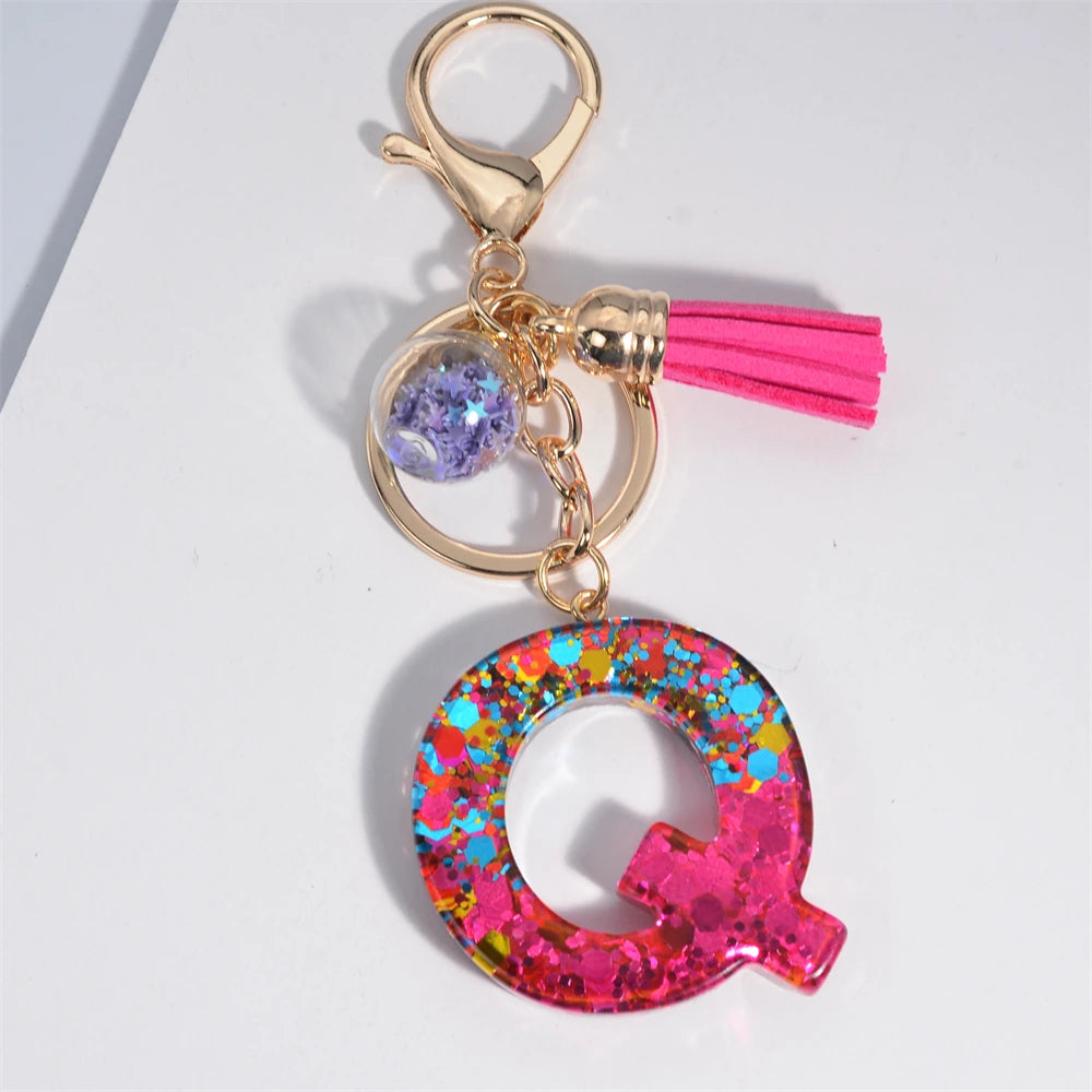 Colorful Letter Keychain Pendant Glitter Sequin Resin Key Chain Tassel Charms With Ball Keyring Jewelry For Women Bag Ornaments Q
