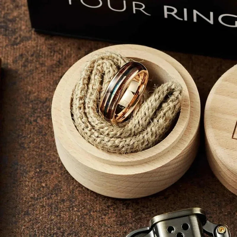 Fashion 8mm Men Rose Gold Color Stainless Steel Rings Inlay Hawaiian Koa Wood and Abalone Shell Rings For Men Wedding Jewelry