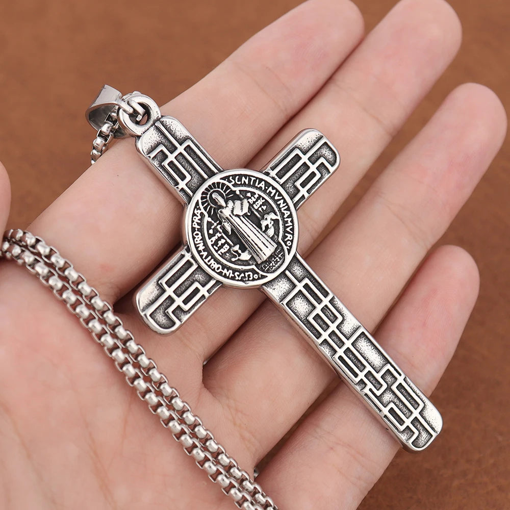 Classic Christian Jesus Cross Stainless Steel Necklace for Men Women Vintage Religion Prayer Baptism Pendants Jewelry