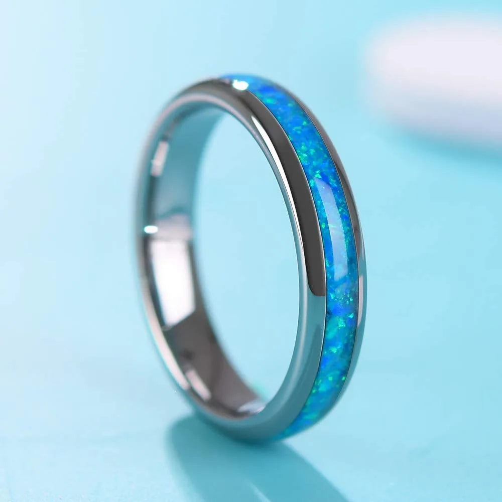 Simple 4mm Stainless Steel Ring For Men Women Blue Fire Opal Inlay Luxury Wedding Band Engagement Rings Jewelry anillos mujer