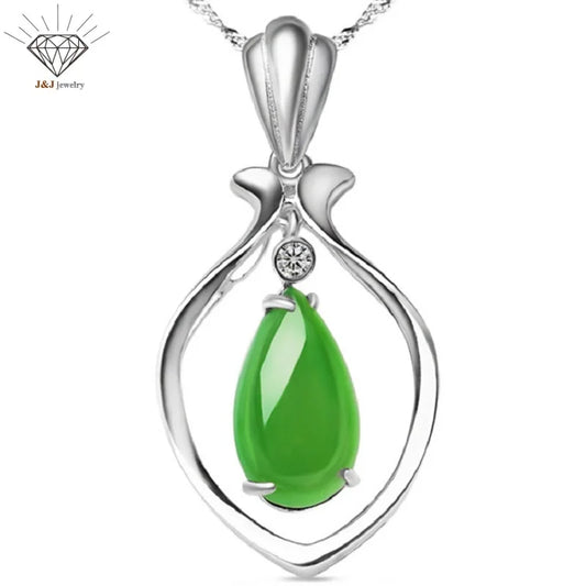 Christmas Gift Water Drop Natural Jade 925 Sterling Silver Pendant Necklaces for Women Jade Jewellery Silver Chokers Necklaces 45cm