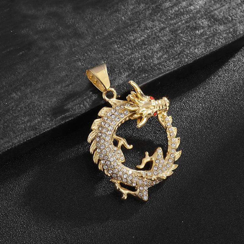 Fashion Charm Stainless Steel Dragon Necklace - Vacuum gold plating with diamond inlay Pendant Jewelry Gift Oriental Amulet Gift