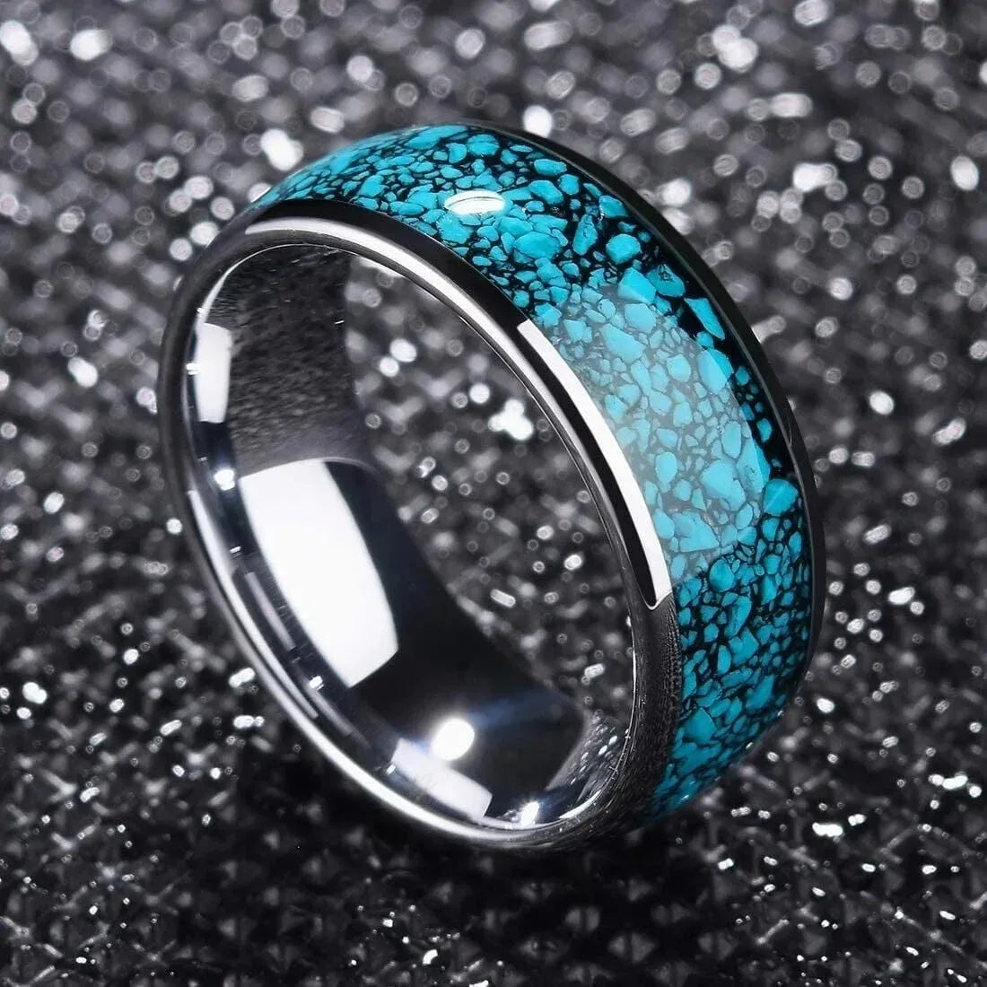 Fashion 8mm Men Stainless Steel Rings Inlay Blue Faux turquoise Stone Rings For Men Women Wedding Engagement Band Jewelry Gift