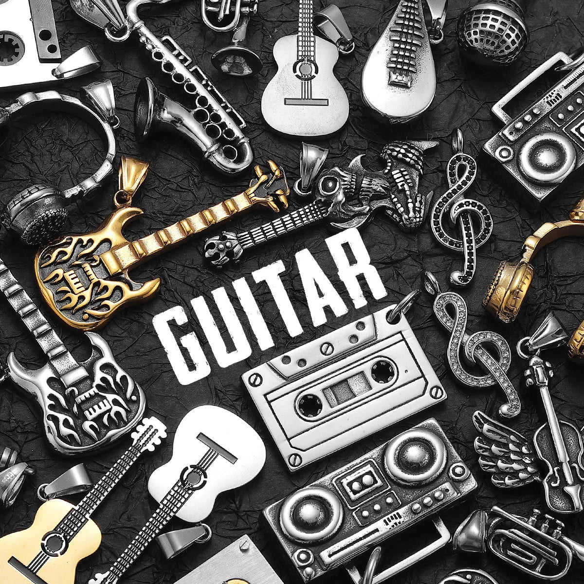 Musical Instrument Guitar Tape Stainless Steel Men Necklaces Pendant Chain Punk Rock Hiphop Women Fashion Jewelry Gift Wholesale