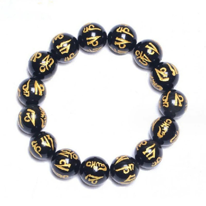 Tibetan Buddhism Six Words Mantra Bracelets For Men Women Black Obsidian Amulet Lucky Bangles Jewelry With Gift Box