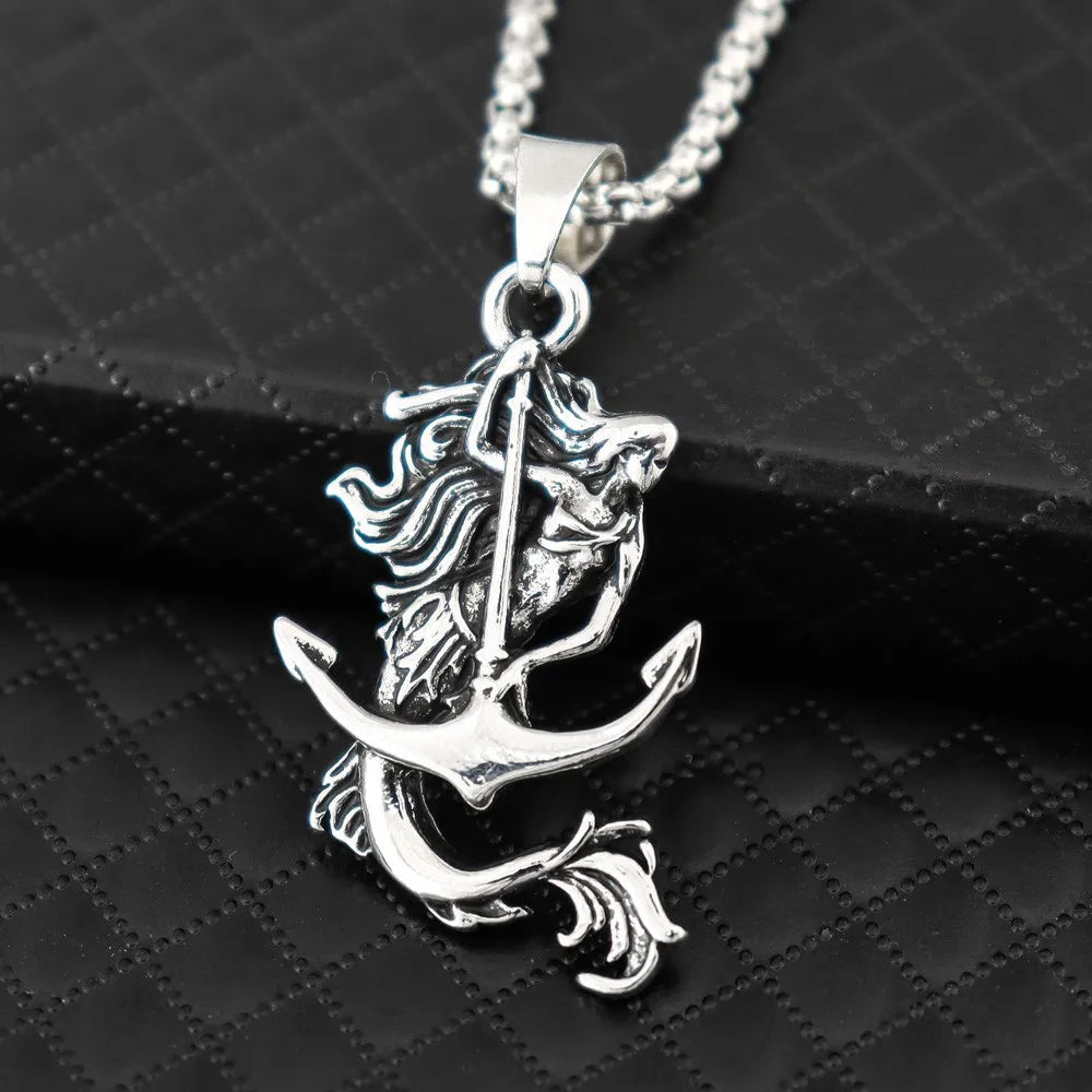 New Vintage Mermaid Anchor Pendant Charm Men's Necklace Fashion Hip Hop Punk Jewelry Accessories Party Gift Wholesale
