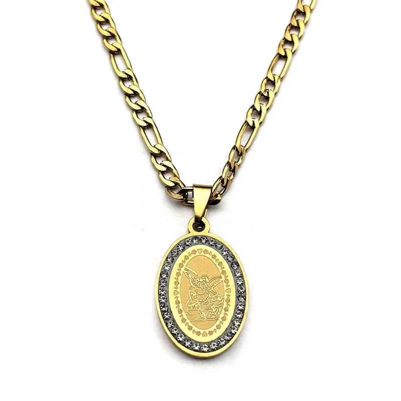 Seal of Archangel Michael Medal Necklace for Women/Men Rhinestone Stainless Steel Gold Silver Color Talisman Chain Jewelry