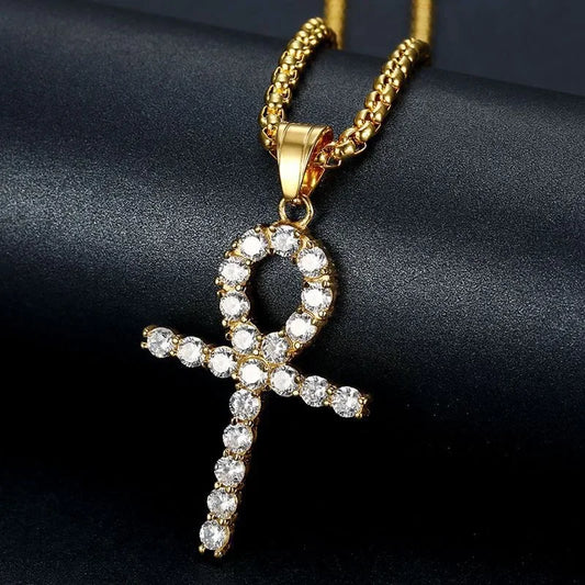 Fashion Stainless Steel Cross Pendant Necklace Unisex Gold Plated Zircon Chain Rap Singer Hip Hop Jewelry Accessories
