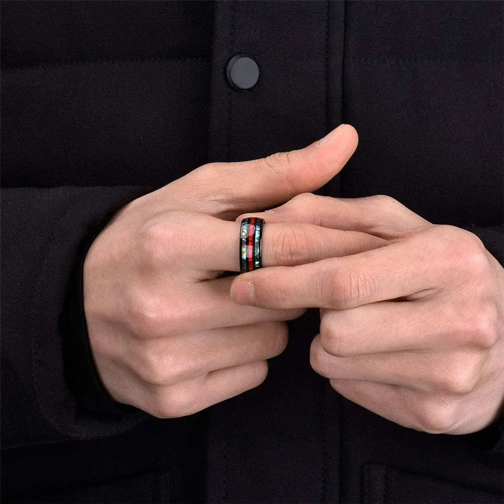 Fashion 8MM Rose Gold Color Stainless Steel Rings For Men Women Colorful Abalone Shell  Inlaid Men Rings Wedding Party Jewelry